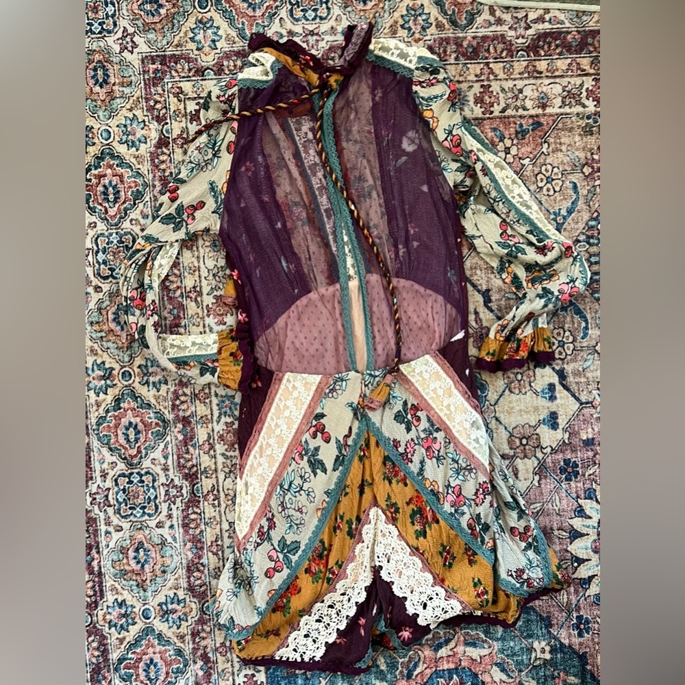 Free People Multicolor patches lace detailed Long Sleeve mesh back Dress, sz 10 - Picture 6 of 7